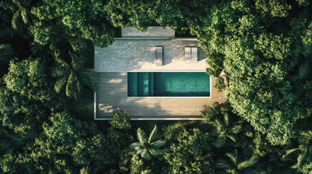A stunning 3D rendering of a luxury villa nestled within lush greenery, featuring a sleek pool and modern design elements, perfect for serene living.の素材