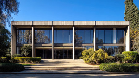This image showcases a classic 1960s office building featuring large glass windows and a striking concrete facade, surrounded by lush greenery and a clear blue sky.の素材