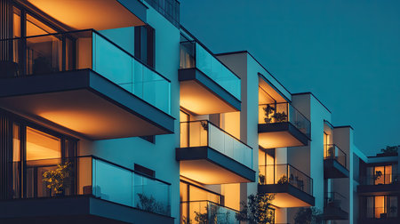 Discover a striking modern apartment building illuminated at night, showcasing elegant balconies and vibrant interiors that enhance urban living.の素材