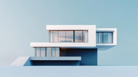 Stunning 3D illustration showcasing a contemporary house design with clean lines and large glass windows, emphasizing modern architecture and minimalism.の素材
