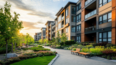 A stunning modern apartment building captures the essence of urban living. Lush greenery and beautiful landscaping enhance the inviting atmosphere during sunset.の素材
