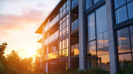 Stunning 3D rendering of a luxurious apartment building at sunset, showcasing modern architecture with large glass windows and balconies, surrounded by lush greenery.の素材