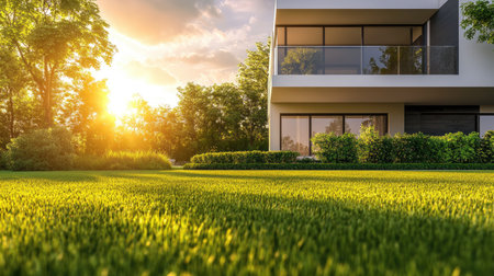 Explore a stunning modern house 3D rendering, showcasing sleek design amidst lush greenery under a warm sunset, perfect for architectural inspiration.の素材