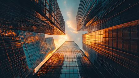 Capture a breathtaking perspective of New York City skyscrapers reflecting the vibrant colors of a sunset, showcasing modern architecture and urban beauty.の素材