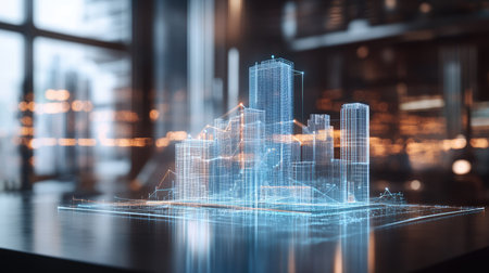Explore a futuristic 3D holographic financial graph showcasing urban architecture. This modern digital visualization integrates data analysis and economic trends.の素材