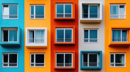 Vibrant contemporary windows create a striking visual on this building facade. The colorful design enhances urban life while showcasing modern architecture.の素材