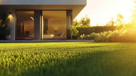 A stylish modern house showcases sleek architecture and a vibrant lawn at sunset, creating a serene atmosphere ideal for relaxation and leisure.の素材