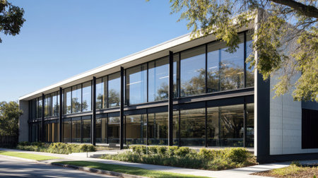 A stunning classic office building from the 1960s showcasing bold architectural design. Featuring expansive glass panels and modern landscaping, this image captures the essence of contemporary workspaces.の素材