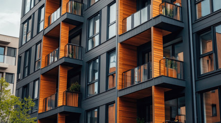 Explore the modern architectural design of this urban residence featuring geometric windows and sleek balconies, blending style with comfort in a city setting.の素材