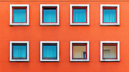 A modern orange wall featuring nine colorful windows, showcasing a vibrant design. This striking geometric composition enhances contemporary architecture aesthetics.の素材