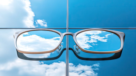 This captivating image features a pair of glasses reflecting a bright blue sky with fluffy white clouds, creating a serene and artistic view that symbolizes clarity and perspective.の素材