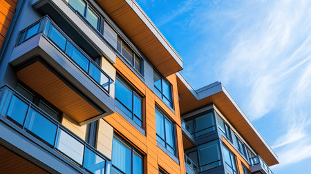 This image features a modern residential building with geometric design elements, large glass windows, and vibrant orange accents against a clear blue sky.の素材