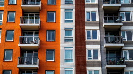 A captivating view of a modern residential building showcasing geometric patterns, vibrant colors, and large windows. Ideal for urban and architecture themes.の素材