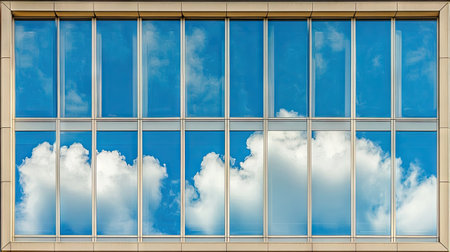 A serene reflection of fluffy white clouds in a clear blue sky captured in a modern glass building, showcasing harmony and tranquility in urban design.の素材