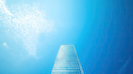 A striking high-rise building stands against a clear blue sky, embodying modern architecture with its glass facade and minimalist design. Perfect for urban themes.の素材
