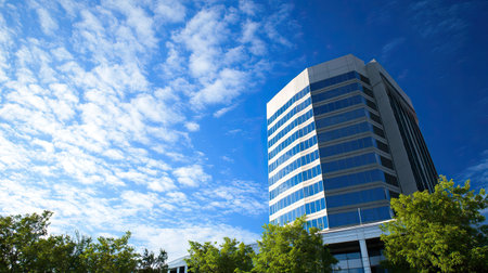 A contemporary high-rise building stands against a vibrant blue sky, showcasing modern architectural design and sleek glass features with surrounding greenery.の素材