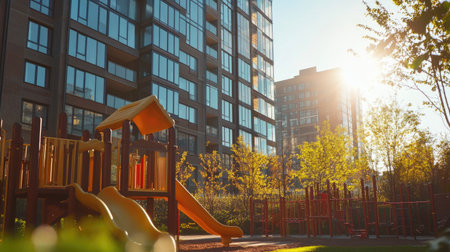 A modern residential apartment building featuring a vibrant playground area. Enjoy the serene atmosphere with sunlight filtering through the trees, offering a lively community environment for families.の素材