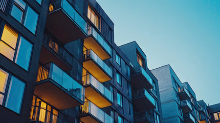 Explore a visually striking modern residential complex illuminated at dusk, showcasing sleek architecture and inviting spaces within an urban setting.の素材