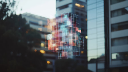 A captivating digital financial hologram floats above an urban setting at dusk, blending modern architecture with innovative technology and vibrant colors.の素材