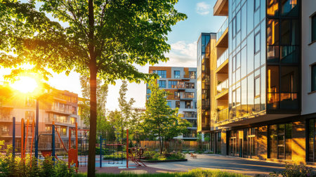 A modern residential apartment complex featuring sleek architecture, abundant greenery, and inviting outdoor spaces. Ideal for vibrant urban living.の素材