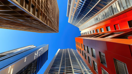 Explore a fresh and modern architectural perspective from below, showcasing bold lines and vibrant colors against a clear blue sky in an urban setting.の素材
