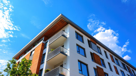 A striking modern building showcasing bold architectural design elements, featuring clean lines and vibrant natural surroundings under a clear blue sky.の素材
