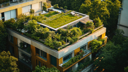 A stunning eco-friendly apartment building featuring a lush green roof, promoting sustainable living in an urban environment.の素材