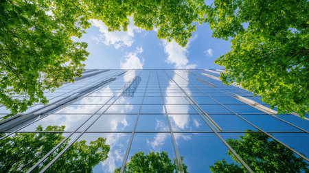A modern office building featuring a sleek glass facade, beautifully framed by vibrant green trees and a clear sky. Ideal for corporate imagery.の素材