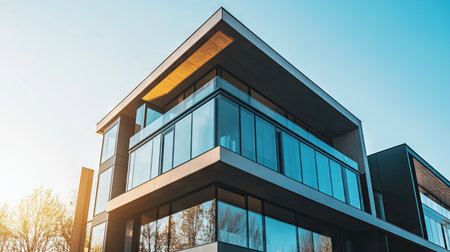 Explore the striking design of a modern residential complex featuring large glass facades and sleek lines, set against a vibrant sky.の素材