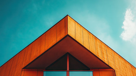 Explore the striking design of a modern high-rise building featuring unique angles and vibrant colors against a clear blue sky, ideal for architecture enthusiasts.の素材