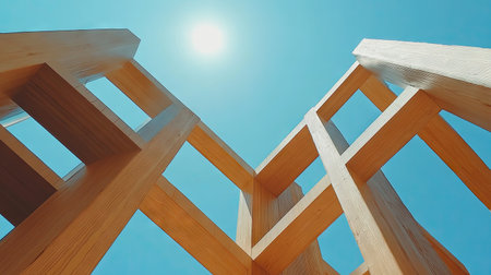 A unique architectural structure captured from a low angle, showcasing wooden frames against a clear blue sky and bright sunlight, highlighting modern design.の素材