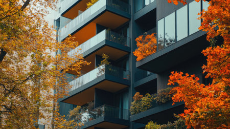A stunning modern high-rise residential building framed by vibrant autumn foliage, showcasing contemporary architectural design and urban lifestyle.の素材