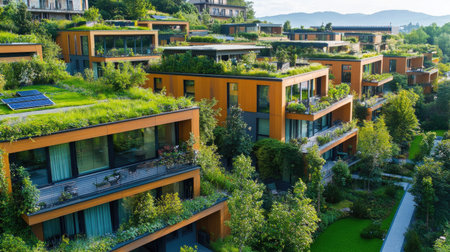 A stunning green residential complex in Europe, showcasing modern architecture and lush landscaping. The vibrant design integrates nature for a sustainable lifestyle.の素材