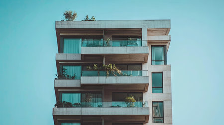 A stunning minimalist architectural design featuring a concrete building with balconies adorned with greenery against a clear blue sky. Ideal for modern urban aesthetics.の素材