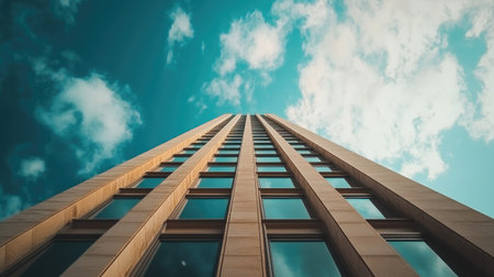 A striking perspective of a modern architectural building reaching towards a vibrant blue sky, capturing the essence of contemporary design and urban landscape.の素材