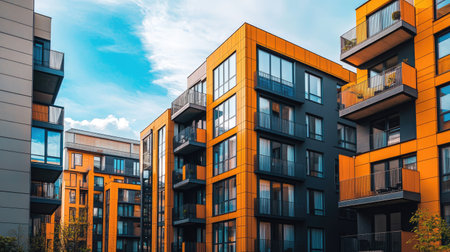 A striking modern housing complex featuring bold architecture and vibrant colors. The design showcases contemporary residential living in an urban environment.の素材