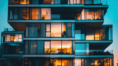 A stunning modern multi-storey residential building showcases sleek architecture and illuminated windows, highlighting contemporary urban living in a vibrant city environment.の素材