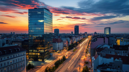 A stunning modern office building reflects the colorful hues of a sunset over the bustling city skyline, capturing urban beauty in vibrant detail.の素材