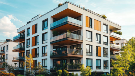A stunning modern apartment building showcasing contemporary architecture, surrounded by greenery and featuring spacious balconies in a vibrant urban landscape.の素材