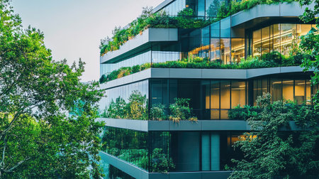 A modern eco-friendly office building infused with greenery, showcasing a harmonious blend of architecture and nature, ideal for sustainable urban living.の素材