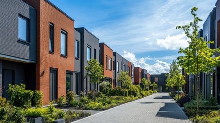 A modern residential street showcasing contemporary architecture in a new development. The scene features vibrant greenery, clear blue skies, and inviting pathways.の素材