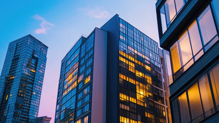 Stunning view of modern newly constructed apartments illuminated at dusk, showcasing contemporary architecture and vibrant city living.の素材