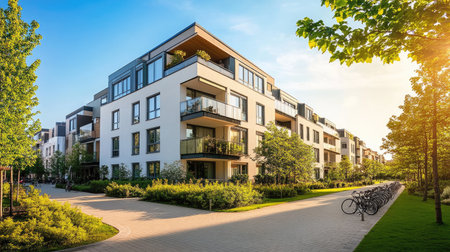 A modern residential apartment building featuring contemporary architecture and lush landscaping, showcasing a harmonious blend of nature and urban living.の素材
