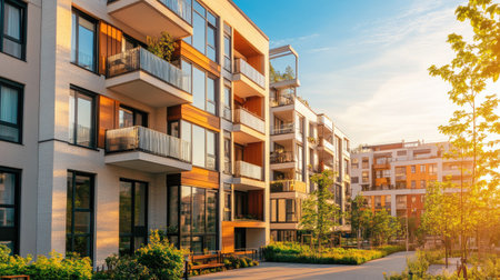 A modern residential apartment building showcasing contemporary architecture during sunset, surrounded by vibrant greenery and inviting outdoor spaces.の素材