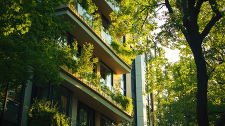Discover a stylish European apartment building adorned with lush greenery, blending modern architecture with nature, creating a serene urban oasis.の素材