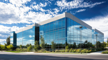A modern sleek office building featuring large reflective windows under a bright blue sky. The setting includes lush greenery, enhancing the contemporary design.の素材