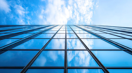 A stunning view of a modern office building with a sleek, transparent facade reflecting the blue sky and clouds, showcasing contemporary architectural design.の素材
