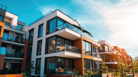 A modern apartment complex featuring large balconies and glass facades, bathed in warm sunlight on a bright, sunny day. Ideal for urban lifestyle projects.の素材