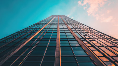 A striking view of a high-rise office building reaching towards a blue sky, showcasing modern architecture and reflective glass. Ideal for business and urban themes.の素材