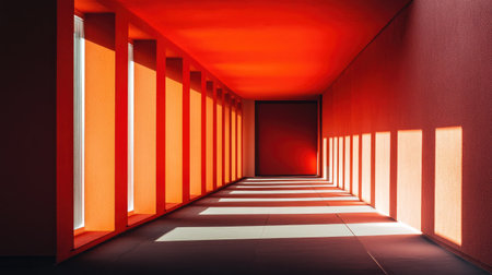 A striking interior shot of a red apartment showcasing unique window shadows. The vibrant colors and minimalist design create an eye-catching ambiance.の素材